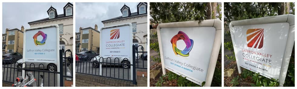 A collage of the 4 saffron valley collegiate post and panel signs.